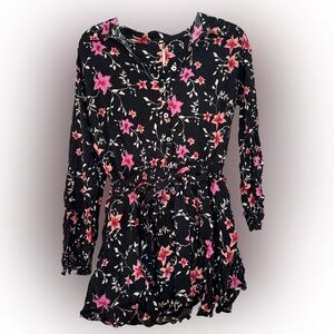 Free People Black & Pink Floral chic boho Long Sleeve Dress small